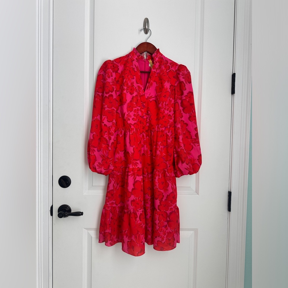 Vibrant Badgley Mishka Pink Red Floral Tiered Dress - Size 4